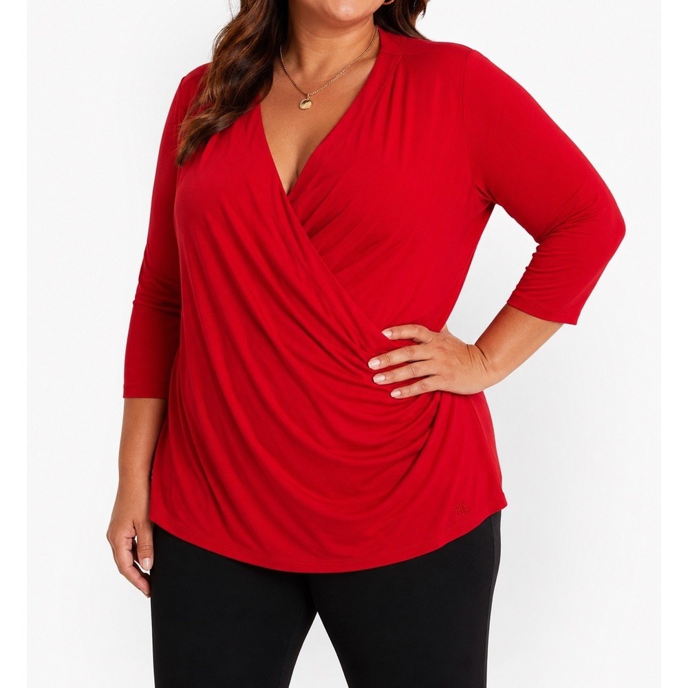Lauren Ralph Lauren 3X Red Surplice Faux Wrap Ruched Stretch Jersey Top
